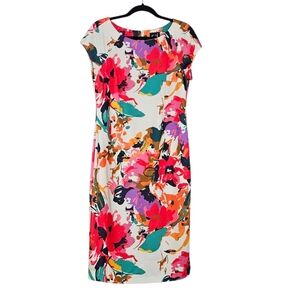 ECI Floral Print Scuba Sheath Dress White Capped Sleeve Hidden Zipper size 8